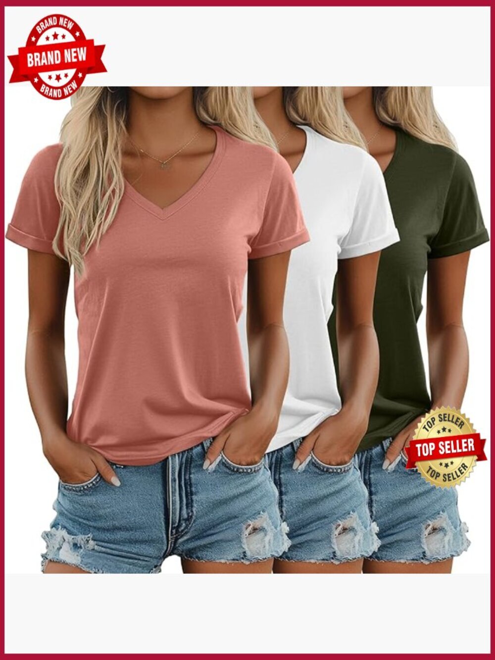 3 Pack Women's V Neck Short Sleeve Tops Rolled Sleeve Tees
